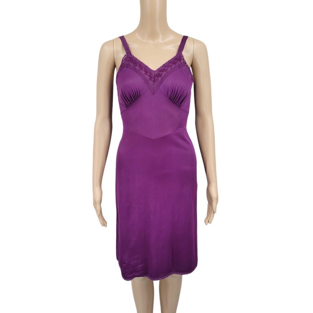 Vintage Slip Dress Upcycled Dyed Eggplant Purple with Lace and Embroidery Detail